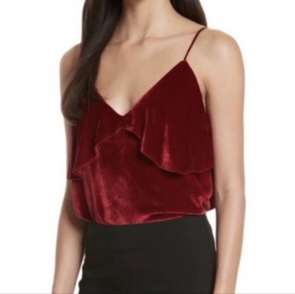Alice + Olivia Vanessa Sultry Red Velvet Ruffle Sleeveless Camisole Tank Top. - Picture 3 of 15